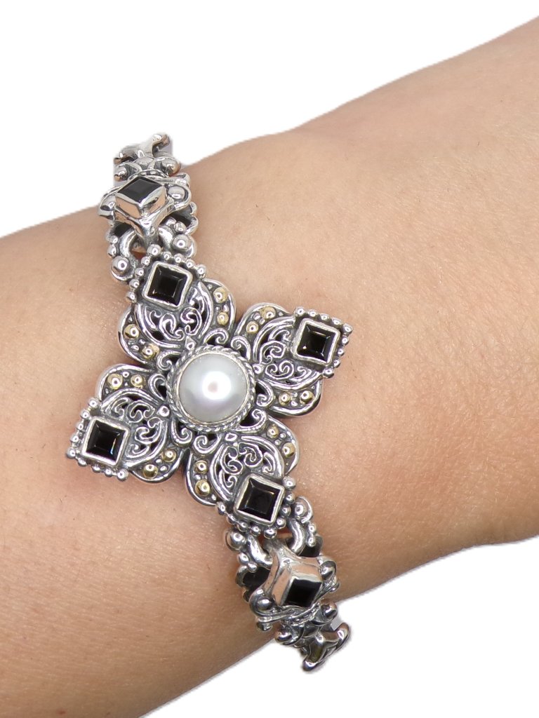 Sterling Silver, 18k Gold Accents, White Pearl & Black Onyx Byzantine Bracelet